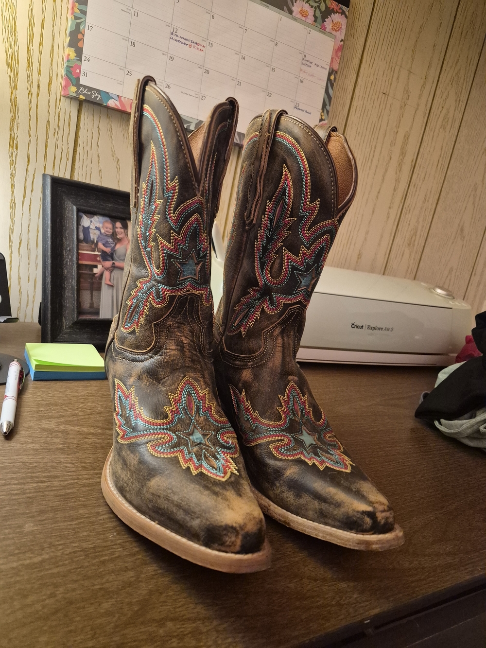 Dan Post Brown Leather Western Heeled Boots with Multicolor Embroidery